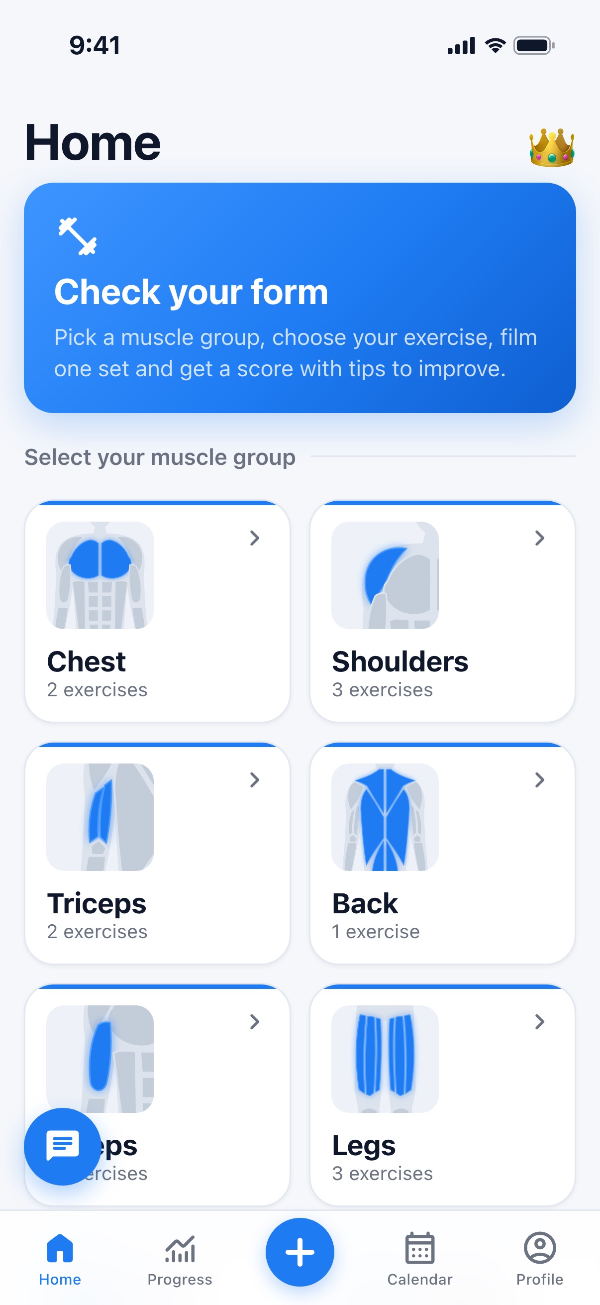 Formly home screen: pick a muscle group and exercise