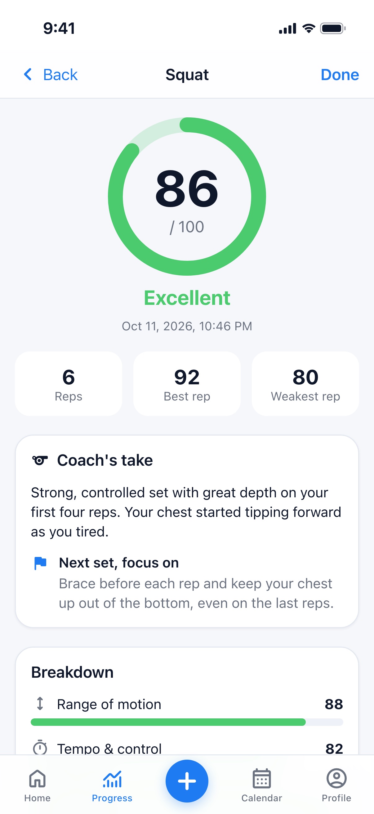Formly form report: a score of 86 for a squat set with the coach's notes